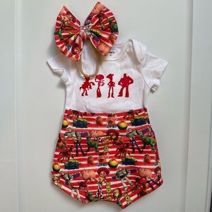 Disney Toy story girl 3 month onesie, diaper cover and nylon bow boutique style